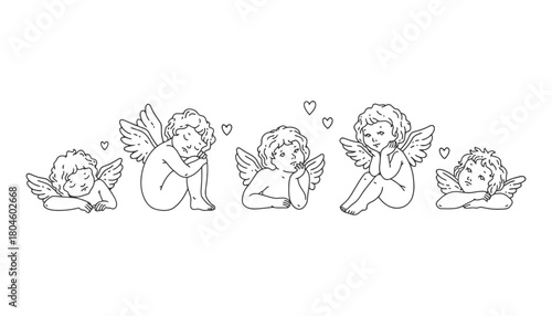 Vector illustration of cute angels with wings and small hearts
