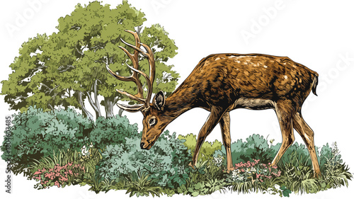 Majestic Cute Brown Deer with Horns Grazing in Lush Herbivore Habitat