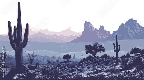 Majestic Desert Landscape with Dramatic Cactus Silhouettes at Sunset