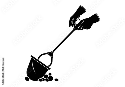 Hands in gloves picking up trash with tongs on transparent background  