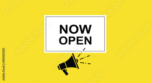 Black megaphone with now open sign on bright yellow background announcement advertising