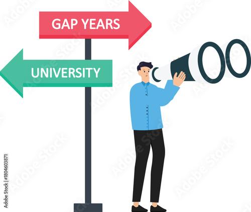 Learning life and looking for motivation to achieve goals, Gap year and high school graduates carry backpacks and meet road signs of life's choices to decide which path to take.
