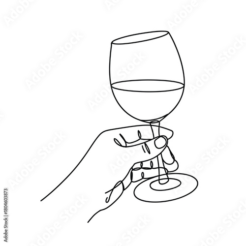 Hand holding a glass of white wine in a simple line drawing