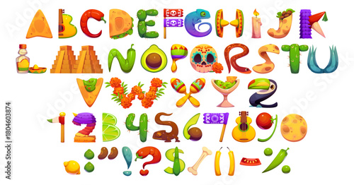Cartoon mexican font, fiesta typeface, Mexico festival type, holiday english alphabet letters and numbers. Vector mexican Cinco de Mayo and Day of Dead font alphabet of pinata, cactus, guitar, maracas