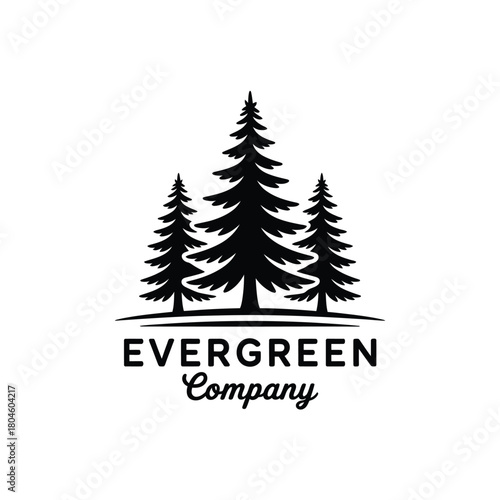 Black silhouette of three evergreen trees with company name below