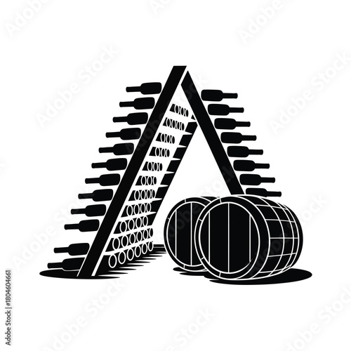 Wine rack with bottles and barrels in a cellar