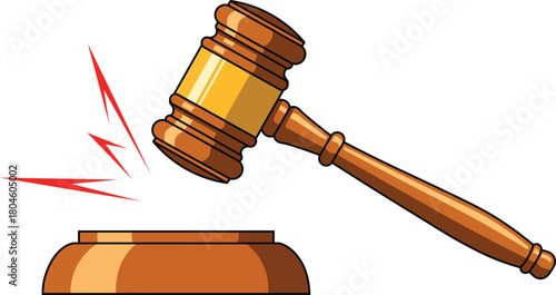 Wooden gavel striking a sounding block with red impact lines judge justice
