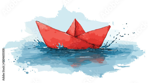 Vibrant Red Origami Boat on Blue Water with Splashes Vector Illustration