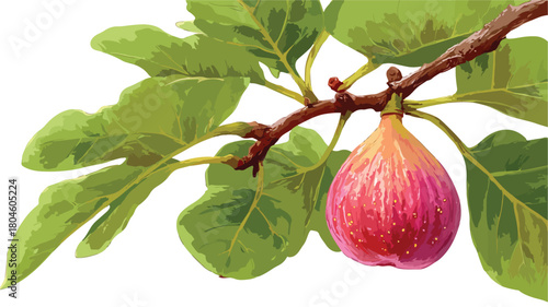 Fresh Ripe Whole Fig Fruit Hanging from Tree Branch with Leaves Closeup