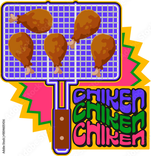 Chicken barbeque, BBQ grill retro Y2K sticker or label. Barbeque meat vintage Y2K vector sticker, butchery market BBQ tag. Grill gourmet meal label with chicken leg, drumsticks on grilling basket