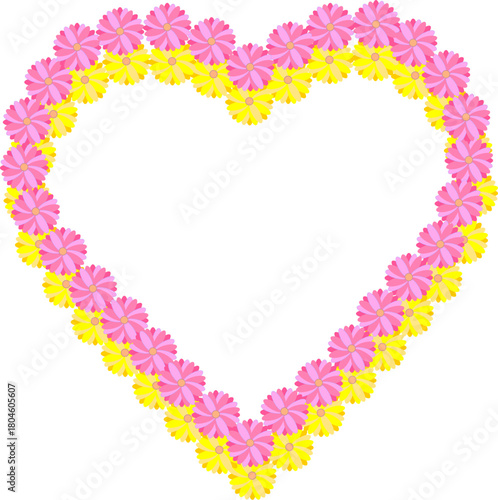 メッセージカードや装飾に最適！花で作られた綺麗な二重のハートイラスト_ピンク＆イエロー
