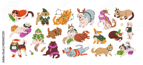 Christmas pets set. Cute funny cats and dogs in festive Xmas costumes with gift box, bauble, ribbon, garland, clothing. Winter holiday animals. Flat vector illustrations isolated on white background.