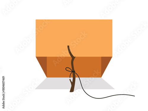 Simple trap box with stick and rope, animal trap