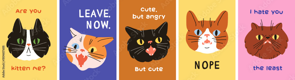 Naklejka premium Funny comic cats, cards set with humor phrases. Cute kitty heads with angry, shocked, mem emotions, expressions, poster designs with feline animal faces and typography. Flat vector illustrations.