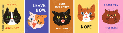 Funny comic cats, cards set with humor phrases. Cute kitty heads with angry, shocked, mem emotions, expressions, poster designs with feline animal faces and typography. Flat vector illustrations.
