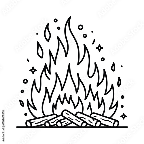 Hand drawn illustration of a campfire with flames and sparks
