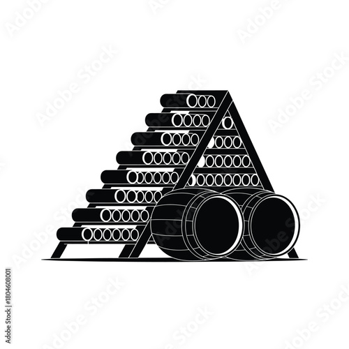 Industrial metal pipes stacked in a pyramid shape for storage