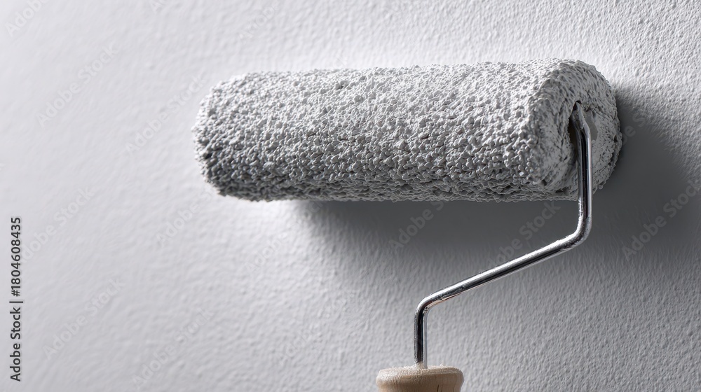 Fototapeta premium Close-up of a gray paint roller applying a fresh coat to a white interior wall