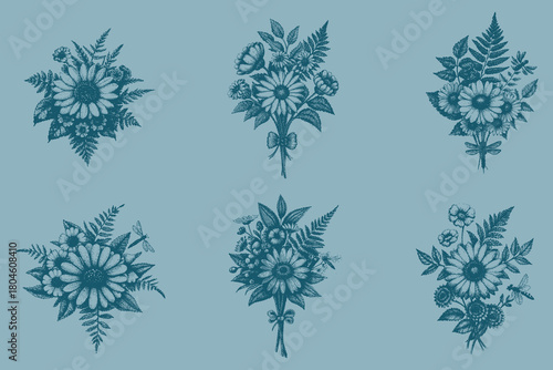 beautiful hand drawn flower bouquet vector. delicate flowers and foliage with vintage-style drawing. Vintage botanical illustration. Eps 10