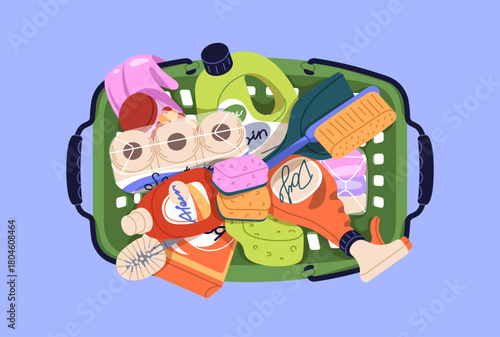 Papier peint Shopping basket full of cleaning supplies, detergents, brushes, sponges, washing powder