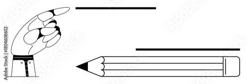 Robotic hand gestures towards pencil, juxtaposing technology and manual creativity. Ideal for innovation, design, writing, automation, tech creativity, education futuristic workspace. Simple flat