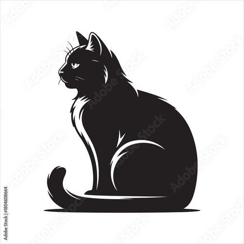 Black Cat Silhouette Vector – Furry Sitting Cat Illustration on White Background