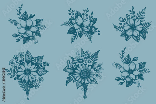 beautiful hand drawn flower bouquet vector. delicate flowers and foliage with vintage-style drawing. Vintage botanical illustration. Eps 10