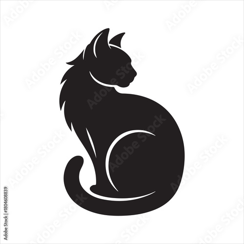 Black Cat Silhouette Vector – Furry Sitting Cat Illustration on White Background