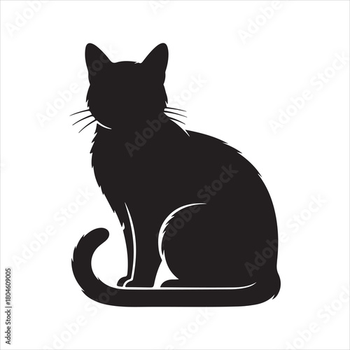 Black Cat Silhouette Vector – Furry Sitting Cat Illustration on White Background