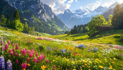 Fototapeta Naklejka Na Ścianę i Meble -  A vibrant mountain valley scene with a blooming wildflower meadow in the foreground under a sunny, clouded sky, with snow-capped peaks