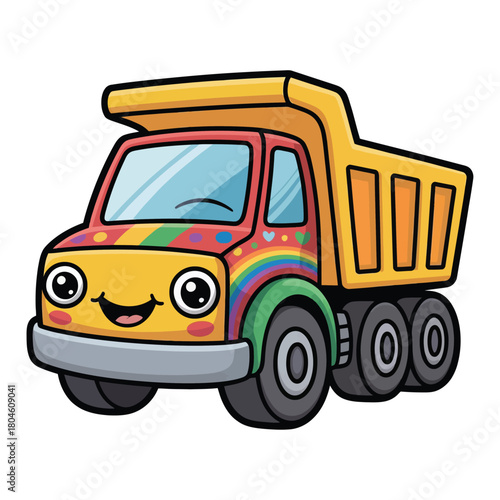 A dump truck with cute pattern, child-style, transparent background.