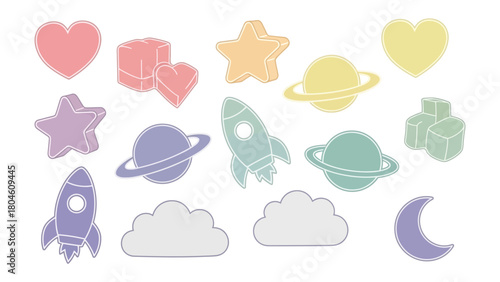 Cosmic Whimsy: A captivating illustration of celestial bodies, rockets, hearts, and clouds in a playful, pastel palette, evoking a sense of wonder and childlike imagination.