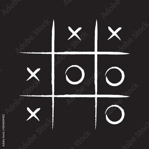 Game icon. Tic tac toe game with cross and circle. Tic tac toe on black background Vector illustration. 