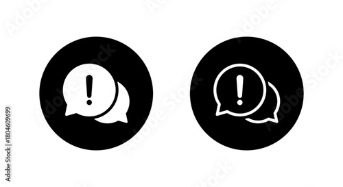 Chat alert icon in black circle. Message bubble with exclamation mark symbol