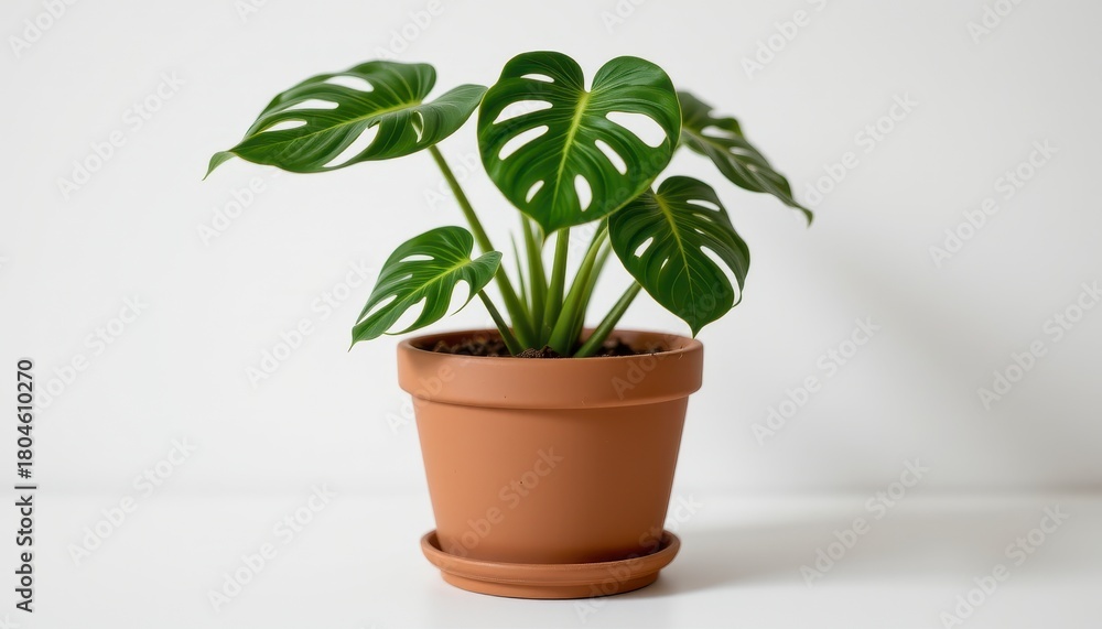 Fototapeta premium Charming Green Monstera Plant in Simple Terracotta Pot on a Bright White Background for Home Decor and Interior Design Inspiration