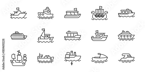 Collection of Line Art Boat Icons for Transportation, Navigation, and Maritime Themes