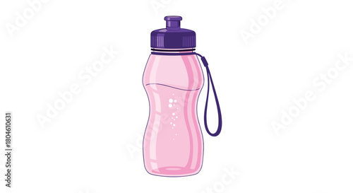 A pink water bottle with a purple cap and a loop strap is filled with clear liquid and bubbles.