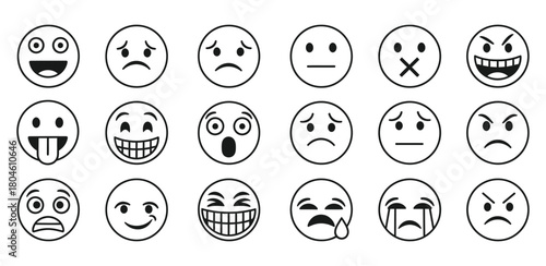 Collection of hand drawn oval faces expressing various emotions