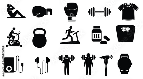 Collection of fitness and exercise icons for healthy lifestyle