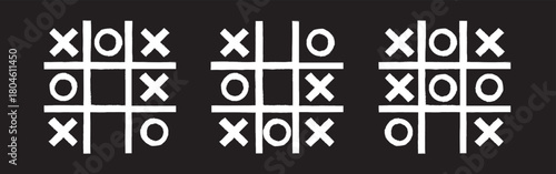 Tic tac toe xo game hand drawn grid doodle template vector illustration set isolated on black background.