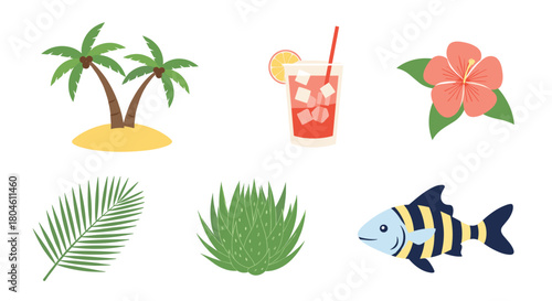 Collection of tropical beach and ocean-themed illustrations with palm trees, a cocktail, a hibiscus flower, a fern leaf, an aloe vera plant, and a fish.