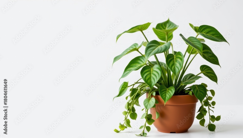 Obraz premium Lush green indoor plant in terracotta pot with vibrant leaves on a light background for modern decor and nature enthusiasts