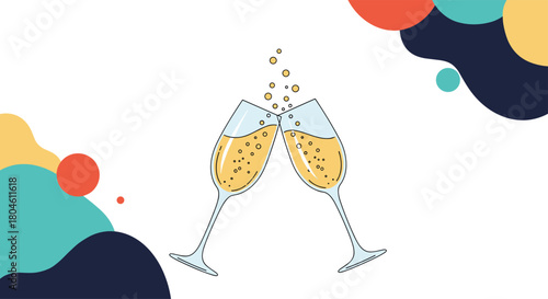 Two glasses of champagne clinking together with bubbles rising against a white background with colorful abstract shapes.