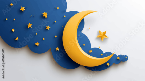 Vibrant layered crescent moon and glowing stars illustration creating a joyful First Day of Ramadan celebration background for festive presentations.