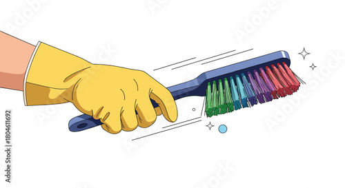 Hand wearing a yellow glove holding a multi-colored brush to clean.