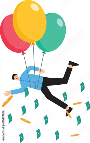 Personal inflationary crisis and Investment risks and bad debt conditions. Damage from the inflation crisis. household debt crisis, Businessman tied to bubble with hot air balloon

