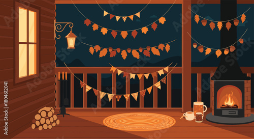 Cozy autumn evening on a wooden porch with a fireplace and festive decorations.