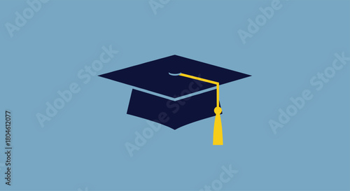 A simple illustration of a dark blue graduation cap with a yellow tassel on a light blue background.