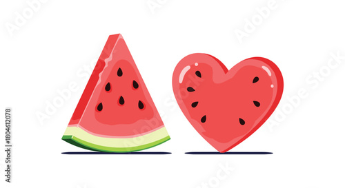 Two slices of watermelon, one triangular and one heart-shaped, with black seeds.