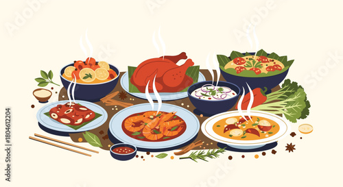 A colorful overhead view of a delicious spread of various Asian dishes and ingredients.